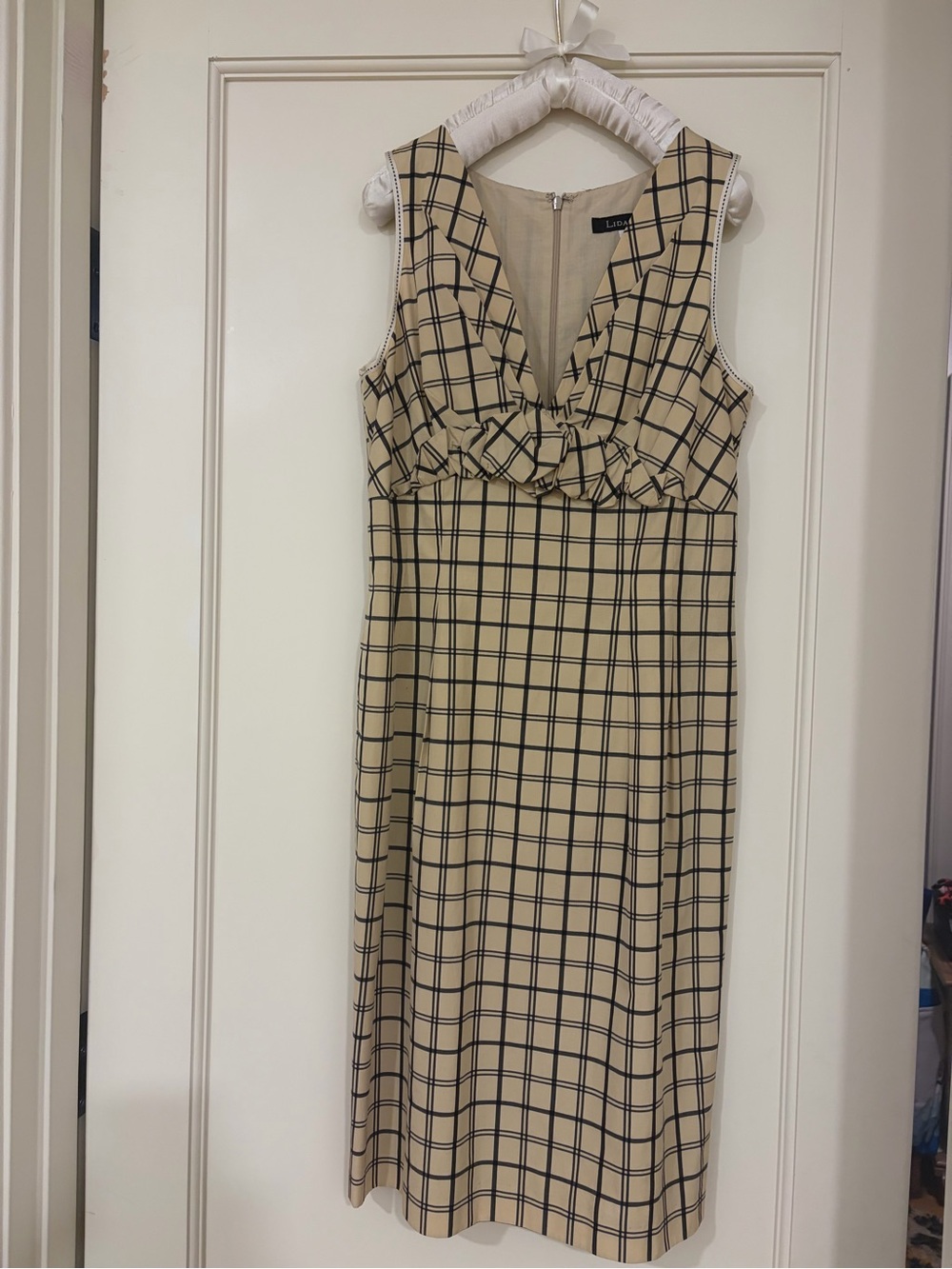 Lida Baday! Sleeveless Beige Plaid Midi Dress with Black Windowpane
